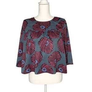 Anthropologie Maeve Blue Burgundy Floral Cropped A-Line Top 3/4 Sleeves 6